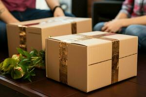 Moving in joy  Couple's hands hold boxes in close up, marking their home transition. AI Generated photo