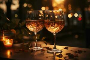 selectivo atención en un parejas vino brindis durante un romántico crepúsculo cena ai generado foto
