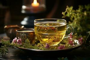 tranquilo Clásico té escena con herbario taza, Fresco hierbas, y flores silvestres ai generado foto