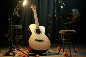 estudio serenidad un acústico guitarra descansa, Listo a capturar musical magia. ai generado foto