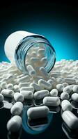 Pills cascade mid air on a pristine white canvas, a medical spectacle Vertical Mobile Wallpaper AI Generated photo