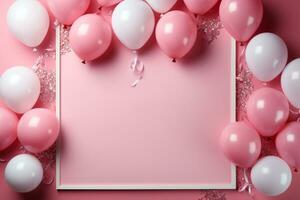 Celebratory top view pastel pink table, balloonedged frame, confetti birthday scene AI Generated photo