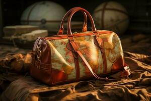 Globetrotter s laundry, travel themed bag adorned with world map print  AI Generated photo