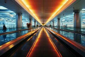 Derecho línea perspectiva capturas el difuminar de viajeros en dos Moviente pasarelas a el aeropuerto ai generado foto