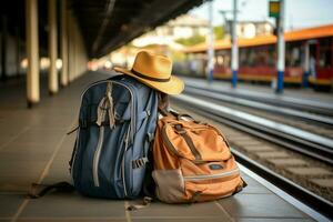 Prepared traveler backpack, hat, map, sunglasses, earphones, smartphone at the train station AI Generated photo