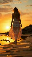 Beachside solitude, woman s feet leave imprints on sunrise kissed sand Vertical Mobile Wallpaper AI Generated photo