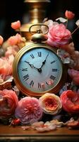 Timeresetting clock surrounded by delicate Ranunculus blooms on rustic table Vertical Mobile Wallpaper AI Generated photo