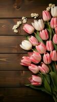 Brown wooden backdrop showcases pink and white tulips and blank paper Vertical Mobile Wallpaper AI Generated photo