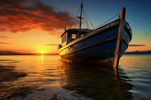 pescar barco en río, tomando el sol en el resplandor de un pintoresco puesta de sol. ai generado foto