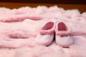 Cute baby slippers, snug in a gentle pink blankets embrace AI Generated photo