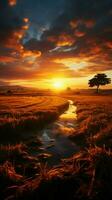 A golden sunrise bathes the serene countryside in warm light. Vertical Mobile Wallpaper AI Generated photo
