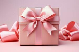 Delicate charm Open gift box, pink bow on pastel pink background. AI Generated photo