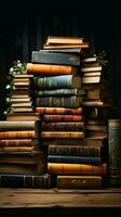 Literary treasure trove A stack of books beckons at the bookstore Vertical Mobile Wallpaper AI Generated photo