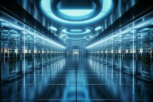 A 3D rendering depicts server racks in a data center for cloud computing AI Generated photo