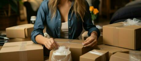 E shopping arrangement  Woman thoughtfully assembles package for Cyber Monday's shopping frenzy. AI Generated photo