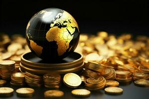 un precioso negro y oro globo enmarcado por un montón de oro monedas ai generado foto