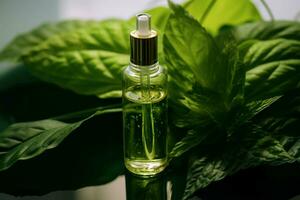 Serum vessel adorning vibrant green leaves, a perfect fusion of skincare and nature AI Generated photo