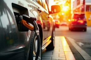 Refueling moment Fuel nozzle efficiently fills car tank at gas station AI Generated photo