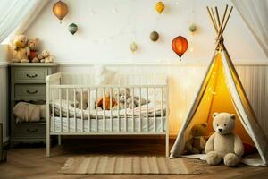 niños habitación adornado con un tienda y muñeca, ofrecimiento un juguetón interior ai generado foto