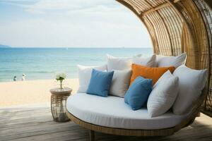 costero comodidad zona lujo cubierta con playa ver y felpa almohadas ofertas relajación ai generado foto