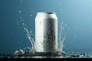 Soda can mockup displays water condensation and a refreshing splash effect AI Generated photo