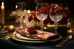 Sophisticated table setting, tailored for memorable parties, Christmas festivities, holidays, and weddings AI Generated photo