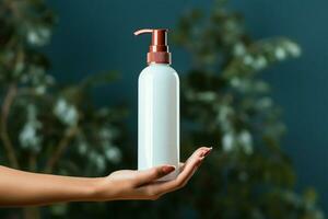 Close up shot Woman presents a liquid soap bottle with ample copy space AI Generated photo