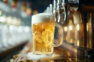 High angle shot showcases a frothy beer mug, its foam promising refreshment AI Generated photo