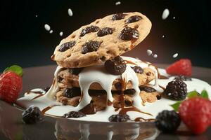 complacer en un Agua en la boca postre con Derretido chocolate, cremoso fresas, y galletas ai generado foto