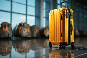 In the airport, a gray suitcase with vibrant yellow highlights stands out AI Generated photo