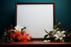 Glossy tabletop showcases an empty frame beside a vibrant floral arrangement AI Generated photo