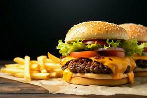 Flavorful combo Tasty beef burger, cheese, and crispy French fries satisfy cravings AI Generated photo