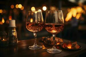 Selective focus on a couples wine toast during a romantic twilight dinner AI Generated photo