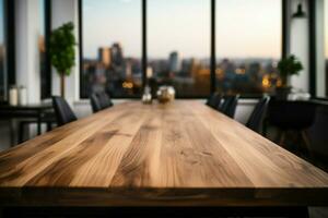 A pristine wooden table against a contemporary office setting, perfect for product display AI Generated photo