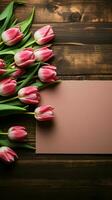 A beautiful composition Tulips and notepad on rustic wooden table Vertical Mobile Wallpaper AI Generated photo