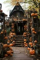 Halloween decorations, spooky jack-o-lanterns, haunted houses photo