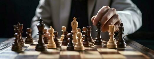 un caucásico hombre demuestra su maestría de ajedrez en el juego tablero ai generado foto