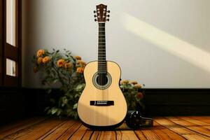 un sereno composición acústico guitarra y musical llaves descanso en un blanco lienzo. ai generado foto