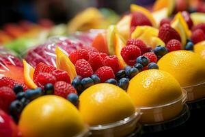 Barcelonas flavors up close depiction of sliced fresh fruits in La Boqueria market AI Generated photo