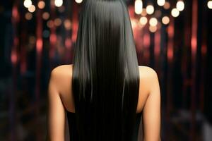 Sleek allure Long, straight black hair enhances womans elegant back view AI Generated photo