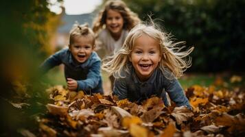 Family playing in leaves in backyard photo