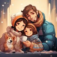 Happy family drinking hot chocolate in winter photo