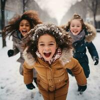 Excited friends playing in the snow photo