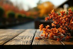 An empty wooden table set amidst vibrant autumn maple tree bokeh AI Generated photo