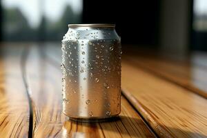 On a wooden surface, a soda can wears a shimmering coat of moisture AI Generated photo