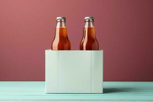 dos diverso no alcohólico soda botellas con un blanco papel caja en un toscha antecedentes ai generado foto