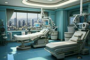 Interior of advanced clinics reanimation room, designed for urgent life-saving interventions AI Generated photo