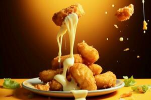 Levitating chicken nuggets adorned with cheese sauce in a whimsical, airborne feast AI Generated photo