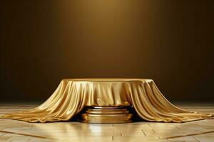 3D scene Empty podium with luxurious golden fabric atop, exuding elegance and opulence. AI Generated photo