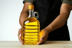 Cooking essentials hands and sunflower oil bottle on white isolated background AI Generated photo